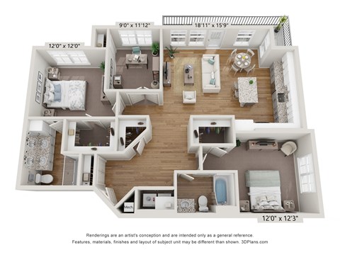 Floor plan for 2 beds, 2 baths, 1285 sqft